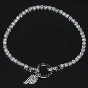 Sterling Silver Round-Cut White CZ WATCH OVER ME Wing 7.5" Tennis Bracelet - 7g